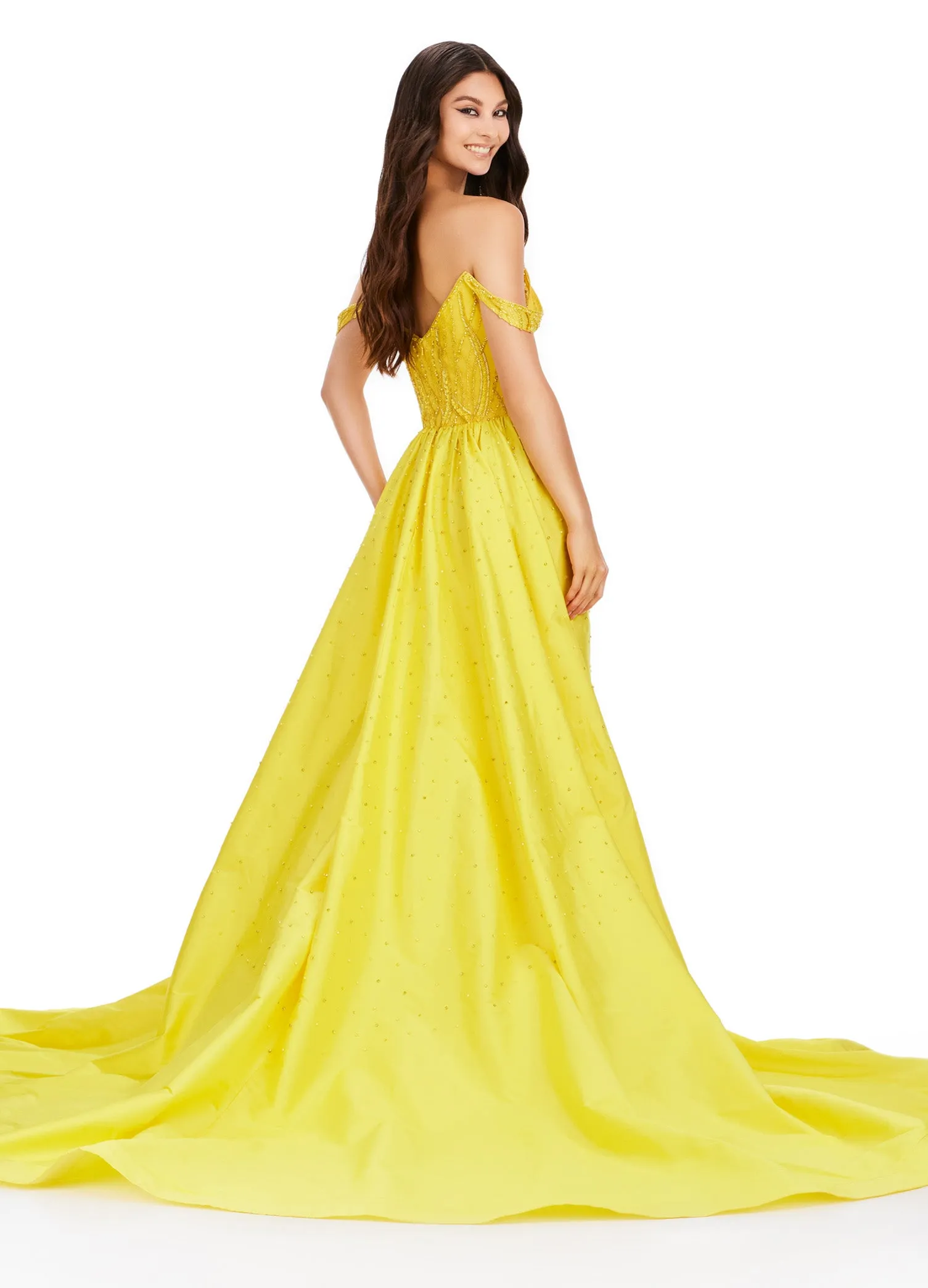 Ashley Lauren 11458 Long Prom Dress Fully Beaded Strapless Gown Off Shoulder Draping Taffeta Overskirt Formal Pageant