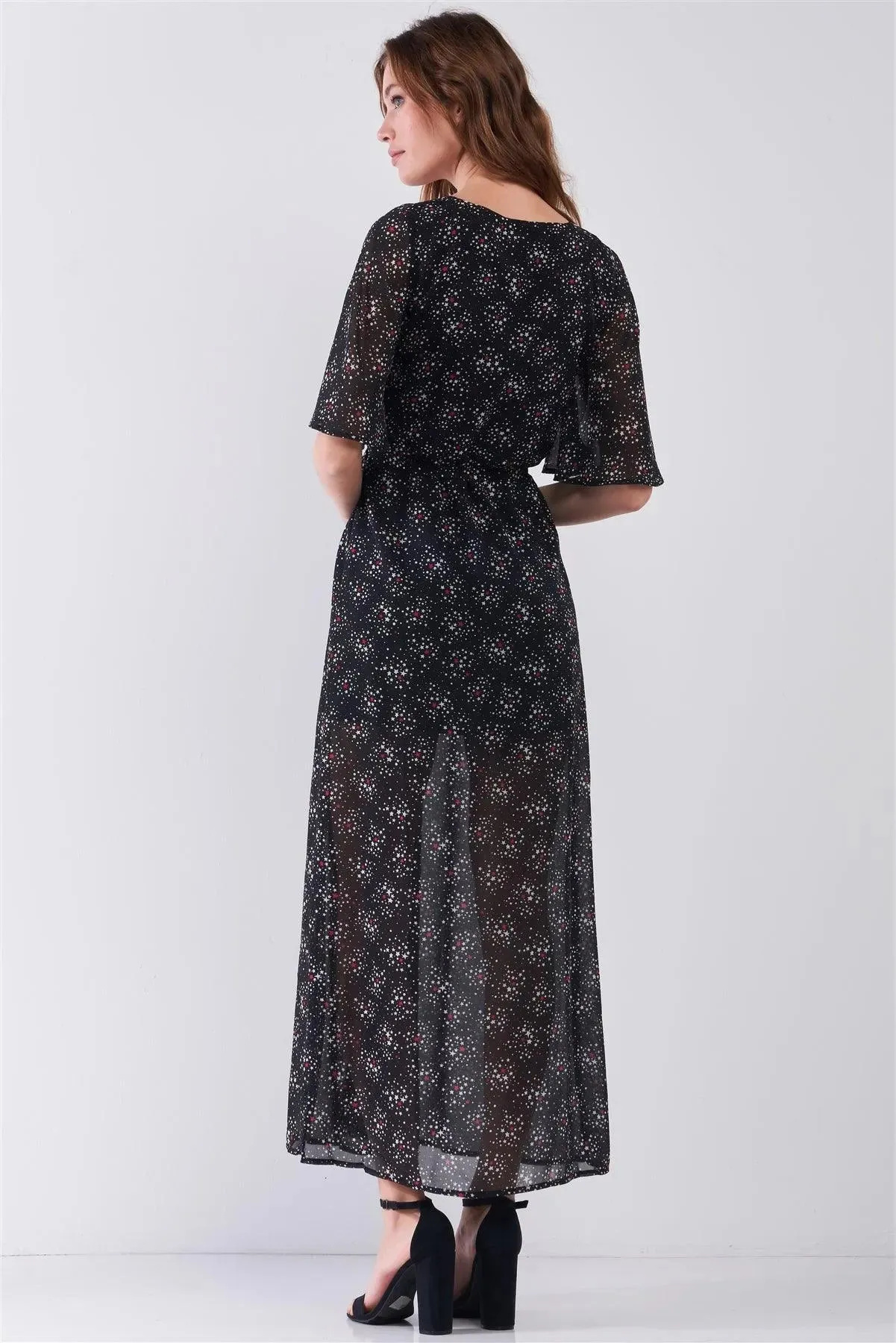 Astra Black Multicolor Star Print Wrap Front Flare Sleeve V-Neck Self-Tie Waist Slit Maxi Dress /1-2-2-1