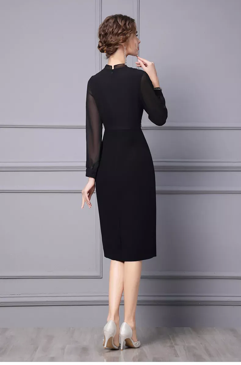 Autumn Long Sleeve Black Lace Rhinestone Midi Formal Pencil Dress