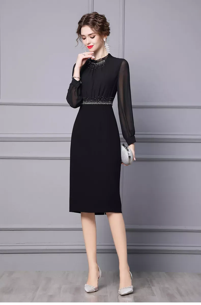 Autumn Long Sleeve Black Lace Rhinestone Midi Formal Pencil Dress