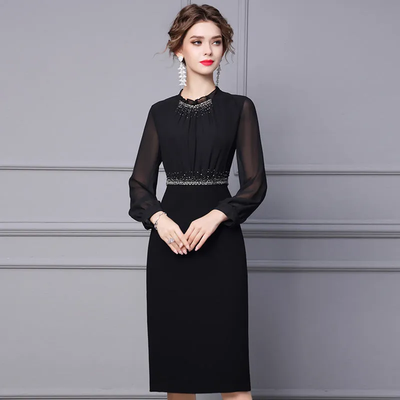 Autumn Long Sleeve Black Lace Rhinestone Midi Formal Pencil Dress