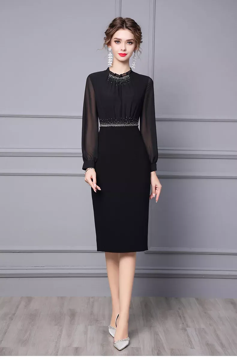 Autumn Long Sleeve Black Lace Rhinestone Midi Formal Pencil Dress