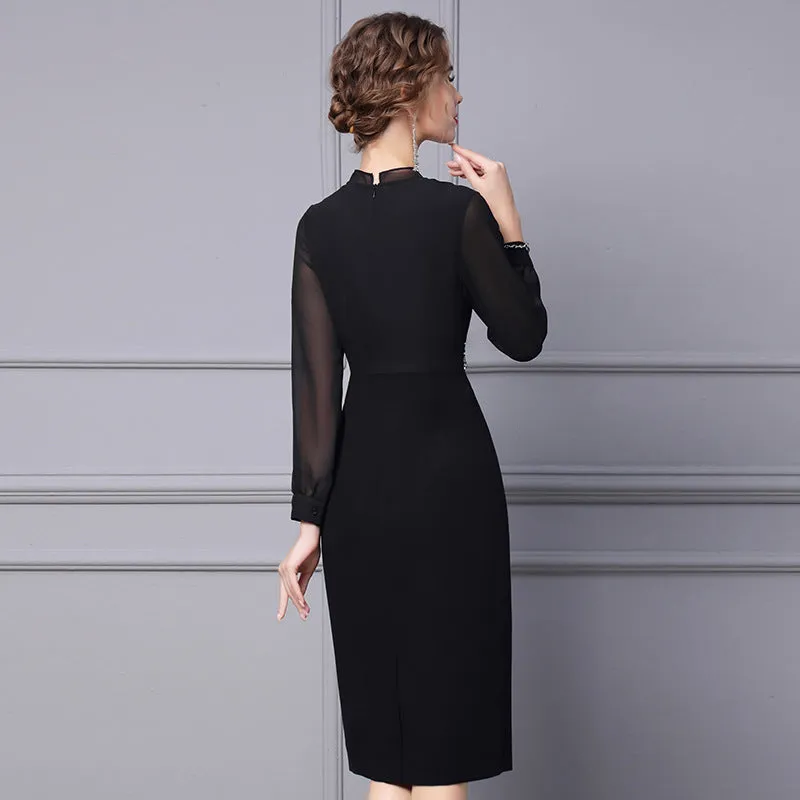 Autumn Long Sleeve Black Lace Rhinestone Midi Formal Pencil Dress