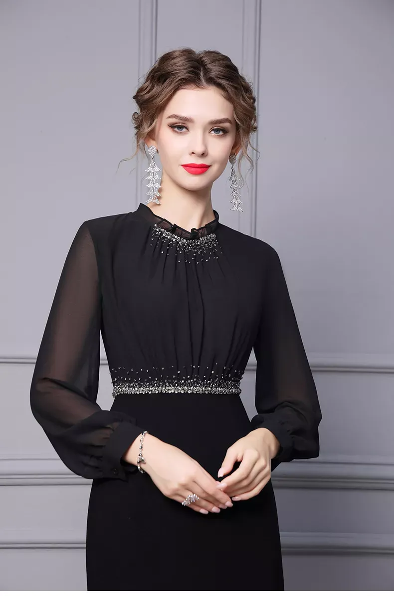 Autumn Long Sleeve Black Lace Rhinestone Midi Formal Pencil Dress