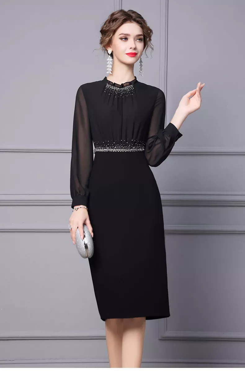 Autumn Long Sleeve Black Lace Rhinestone Midi Formal Pencil Dress
