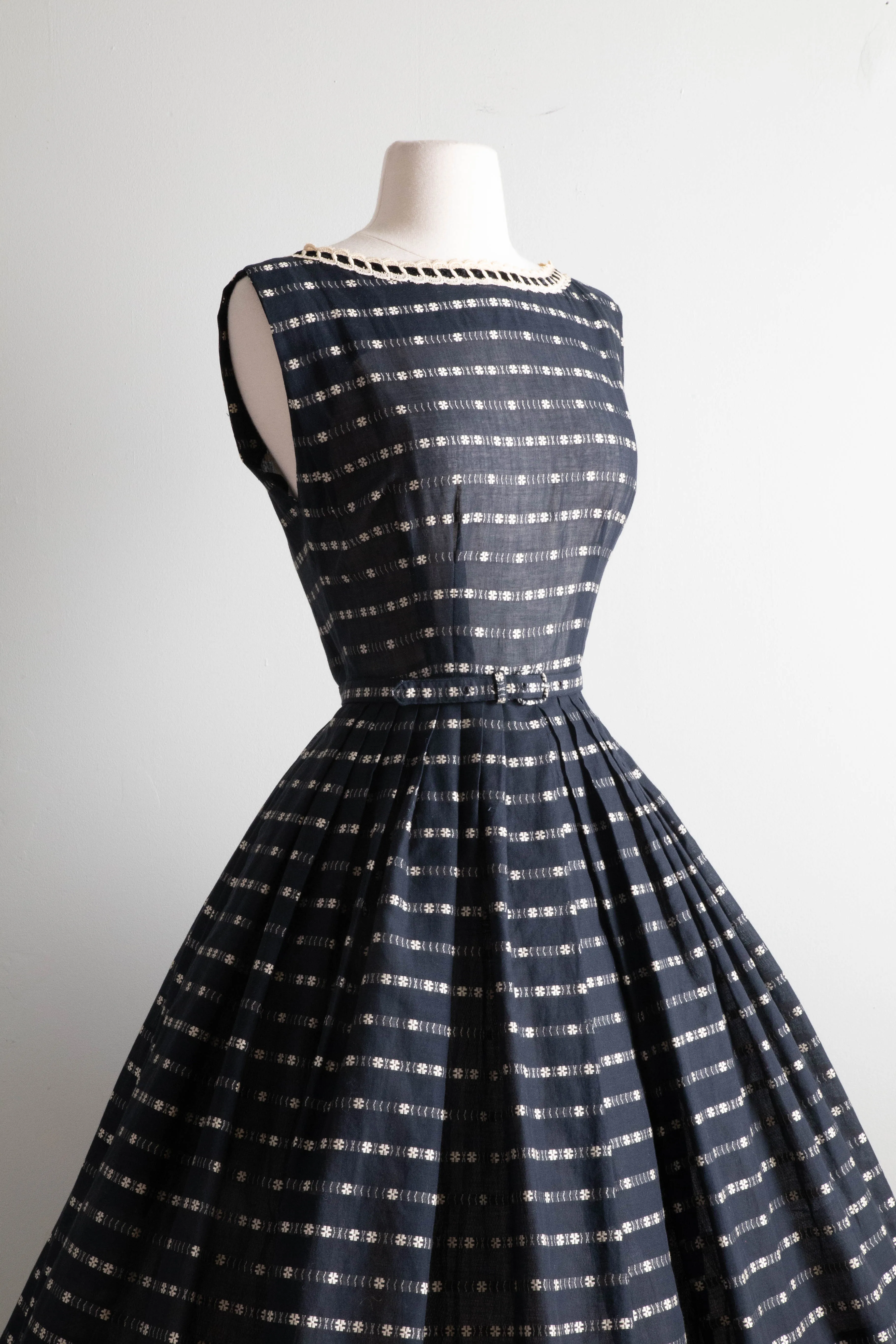 Beautiful 1950's R&K Crisp Navy Blue Cotton Dress / Medium