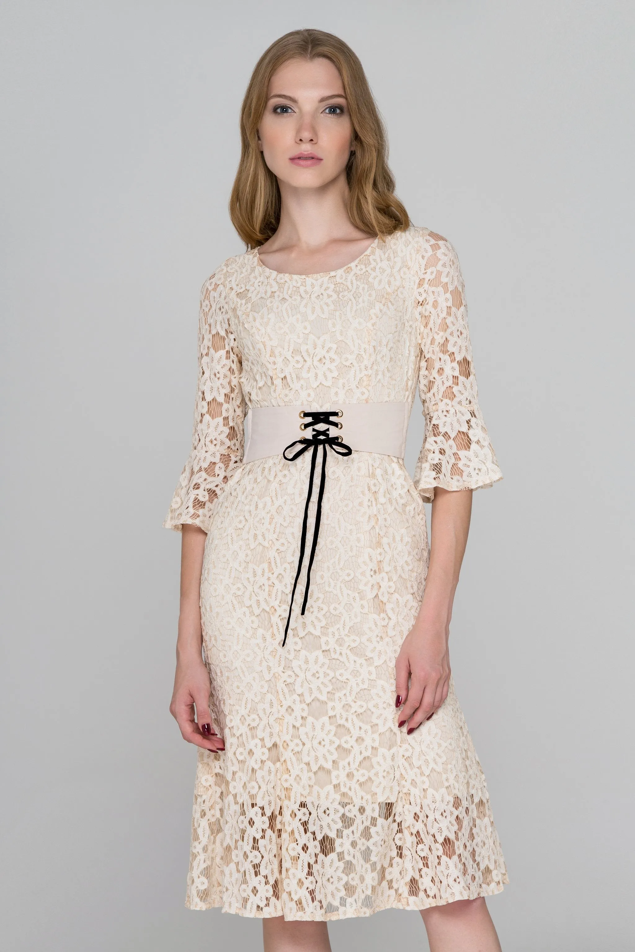Beige Lace Corset Trumpet Midi Dress