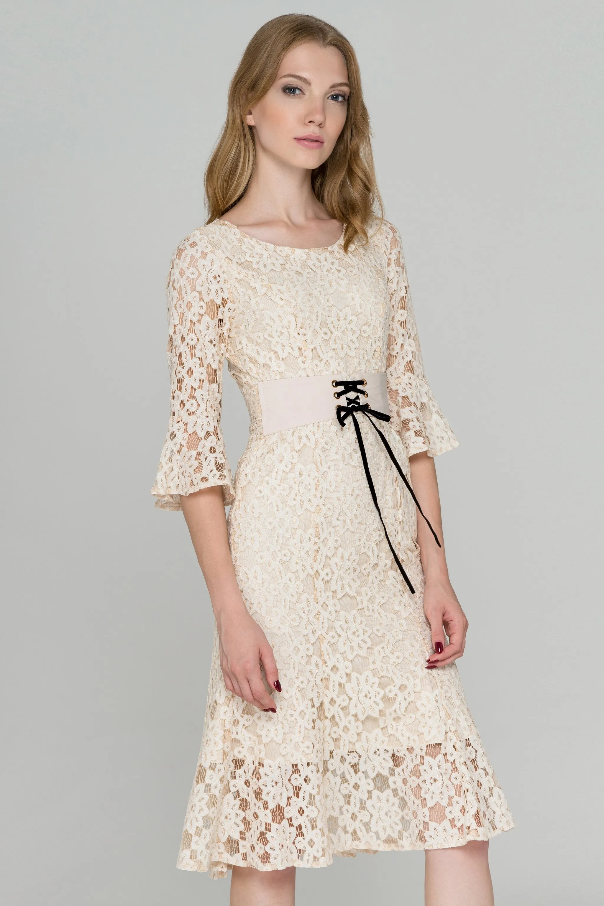 Beige Lace Corset Trumpet Midi Dress
