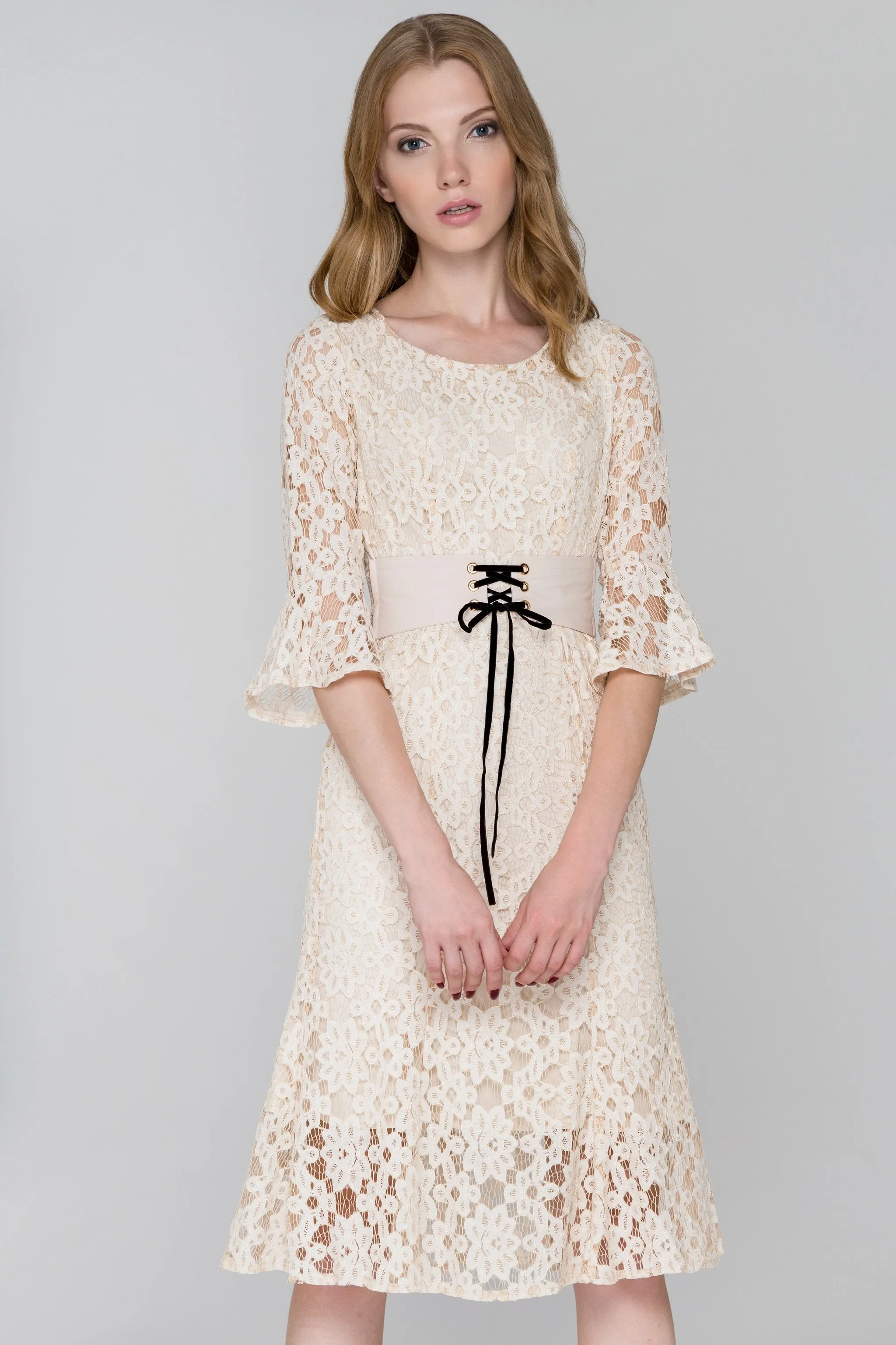 Beige Lace Corset Trumpet Midi Dress