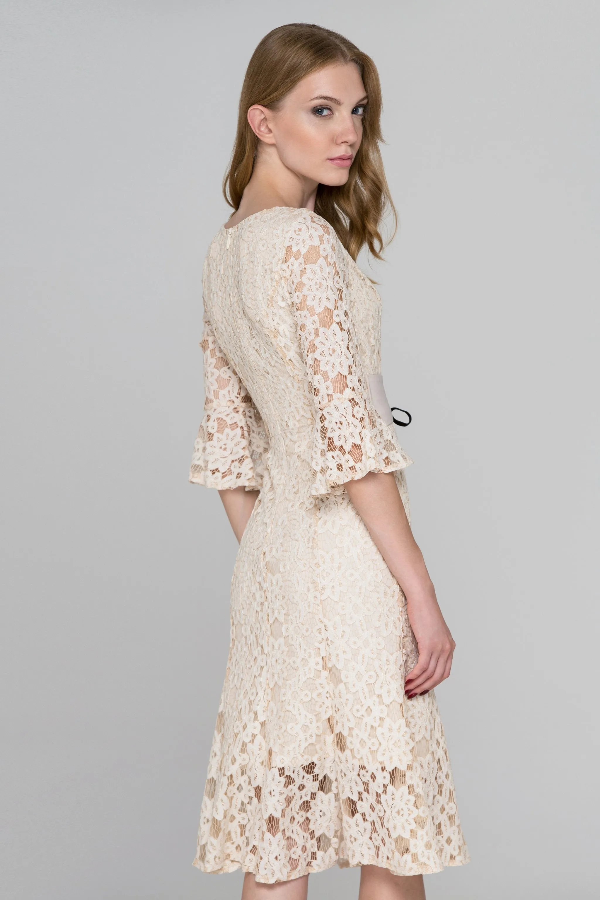 Beige Lace Corset Trumpet Midi Dress