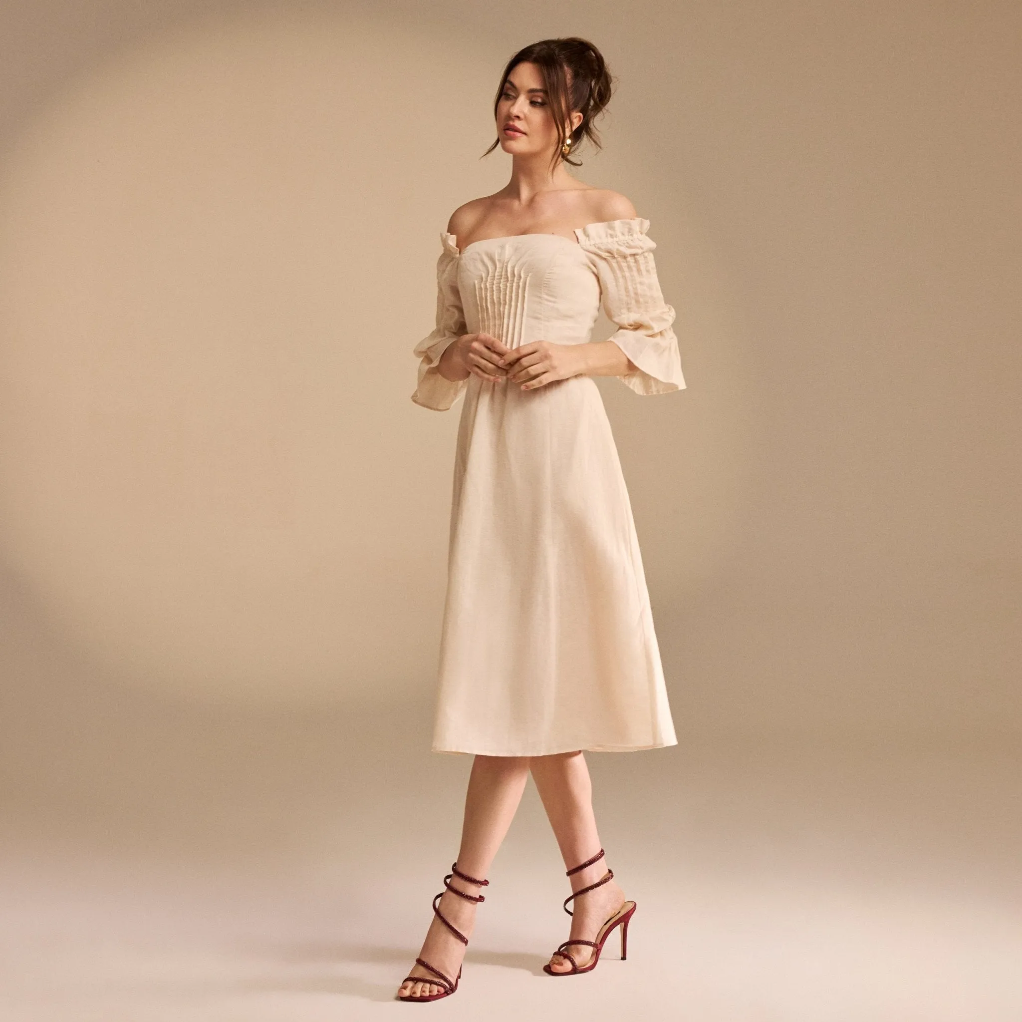 Beige Off Shoulder Puff Sleeve Midi Dress in Linen Cotton Blend