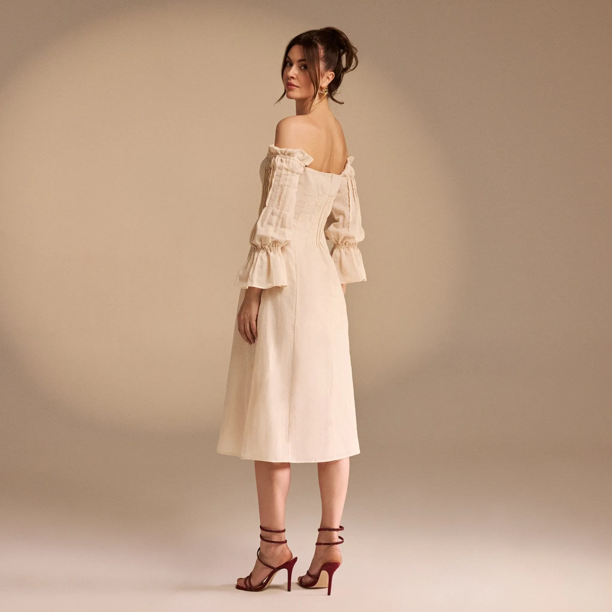 Beige Off Shoulder Puff Sleeve Midi Dress in Linen Cotton Blend