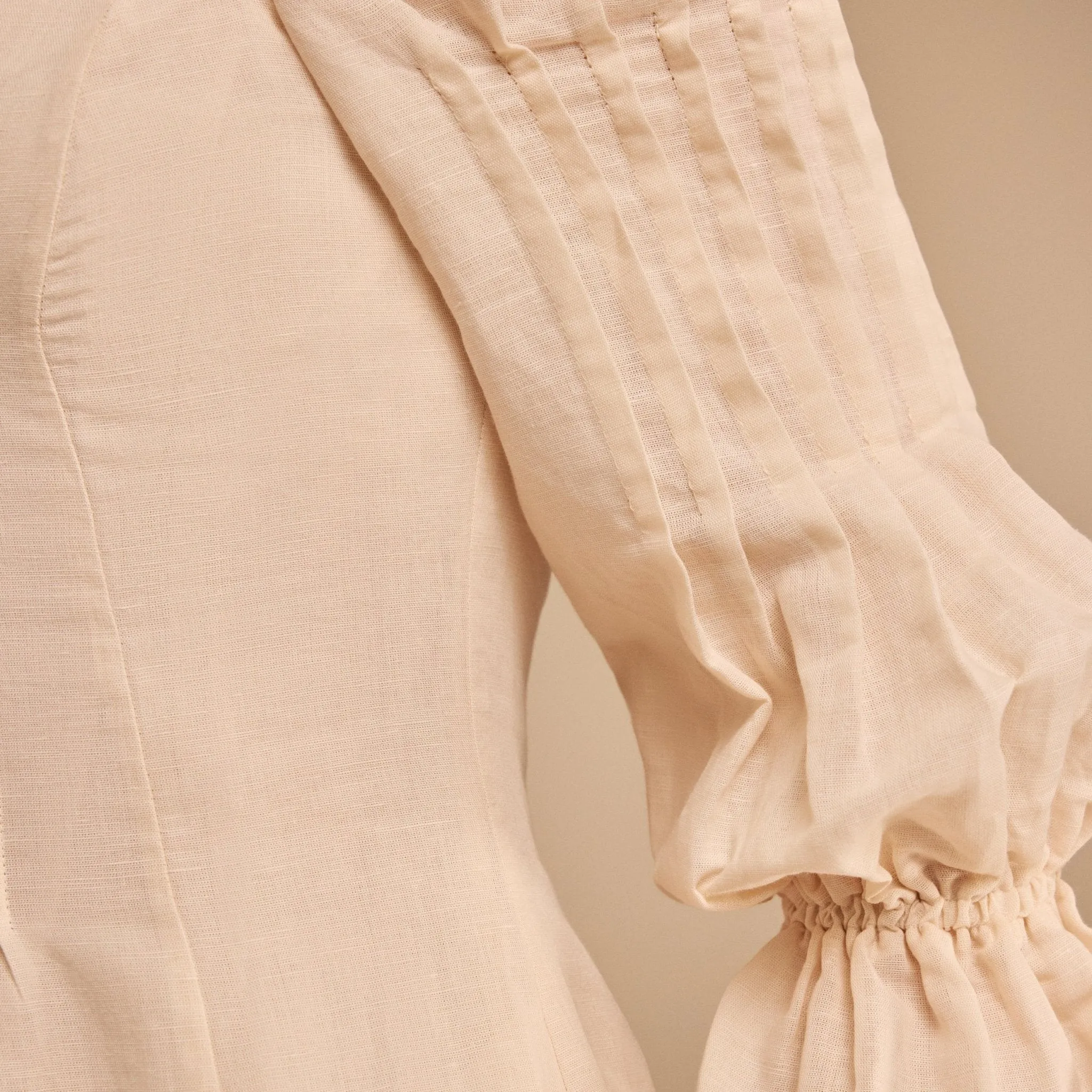 Beige Off Shoulder Puff Sleeve Midi Dress in Linen Cotton Blend