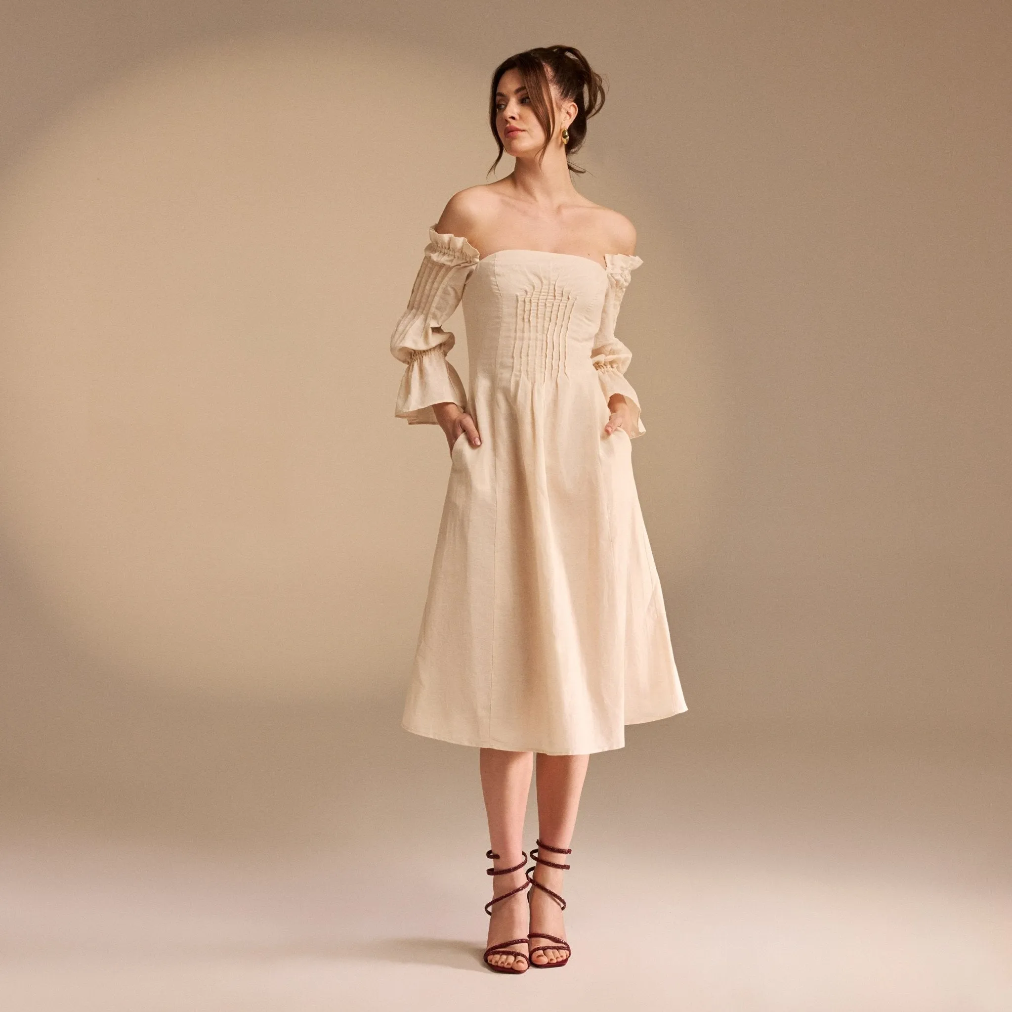 Beige Off Shoulder Puff Sleeve Midi Dress in Linen Cotton Blend