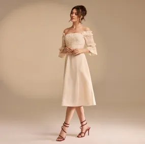 Beige Off Shoulder Puff Sleeve Midi Dress in Linen Cotton Blend