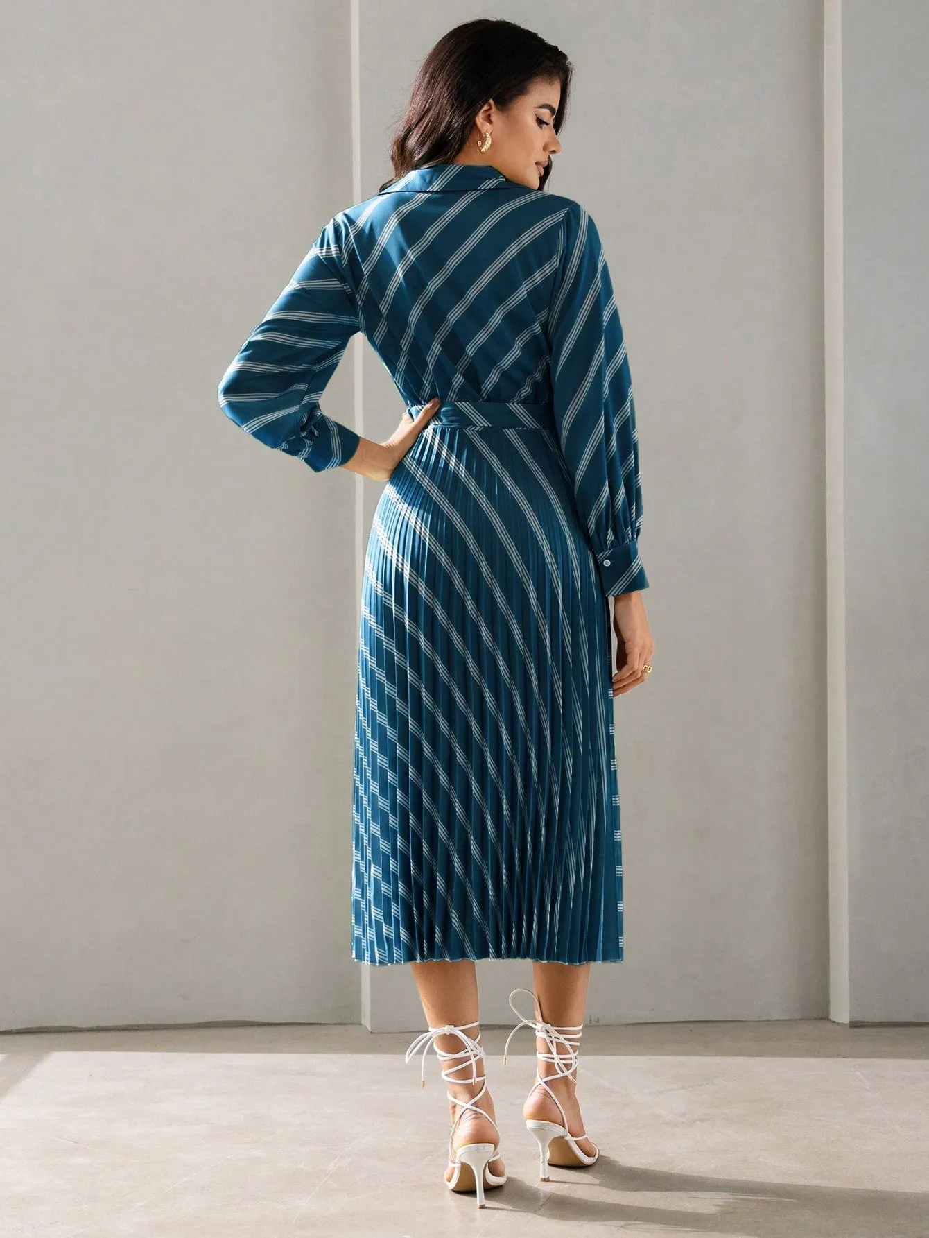 BIZwear Striped Print Belted Shirt Dress