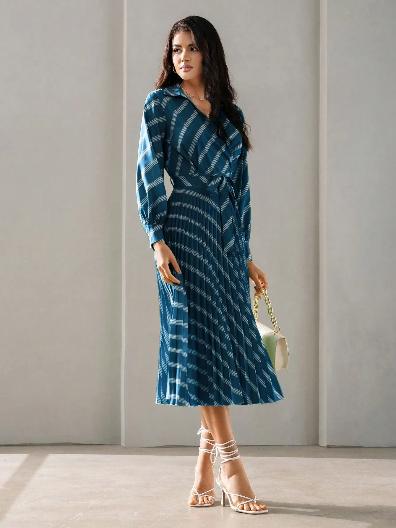 BIZwear Striped Print Belted Shirt Dress