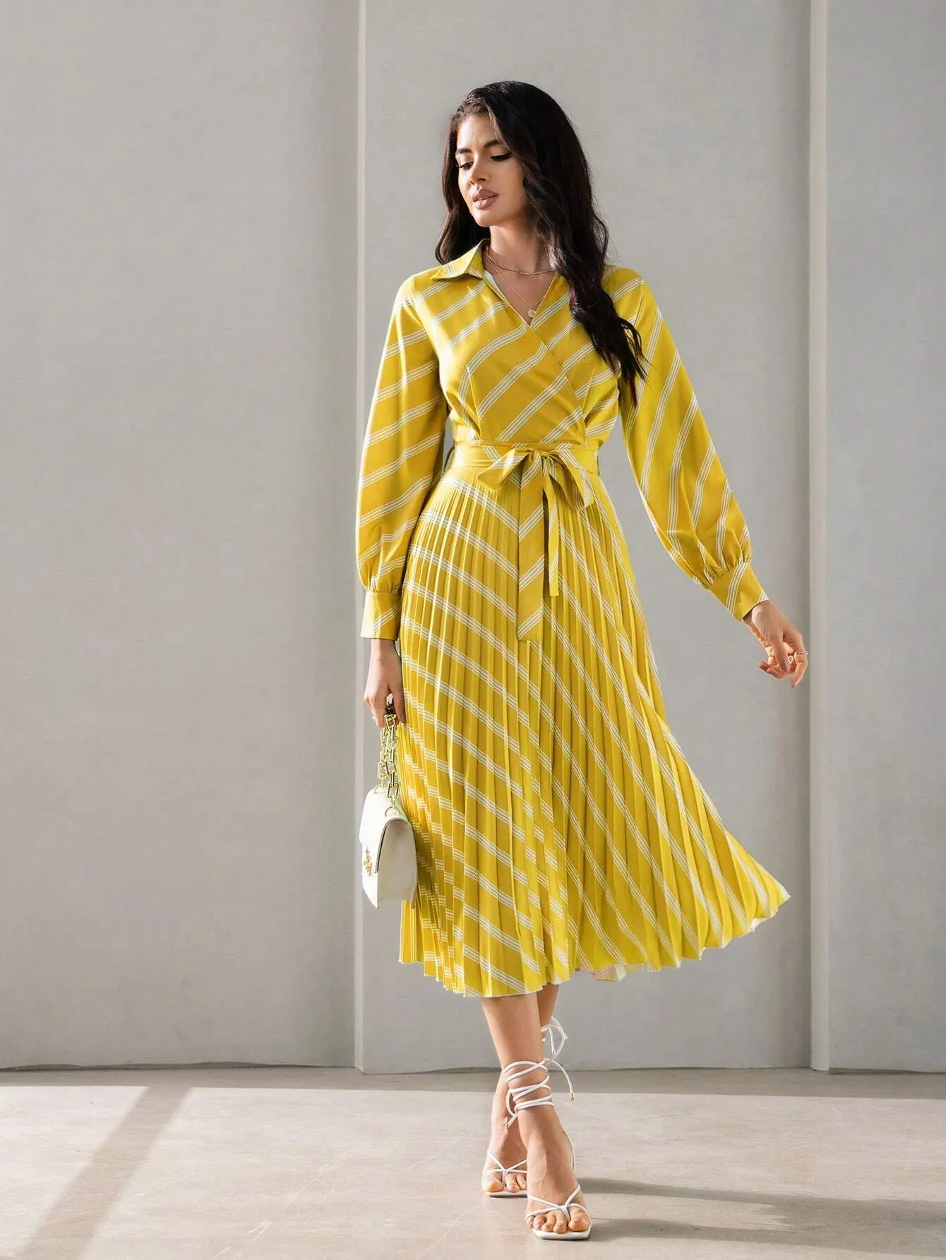 BIZwear Striped Print Belted Shirt Dress