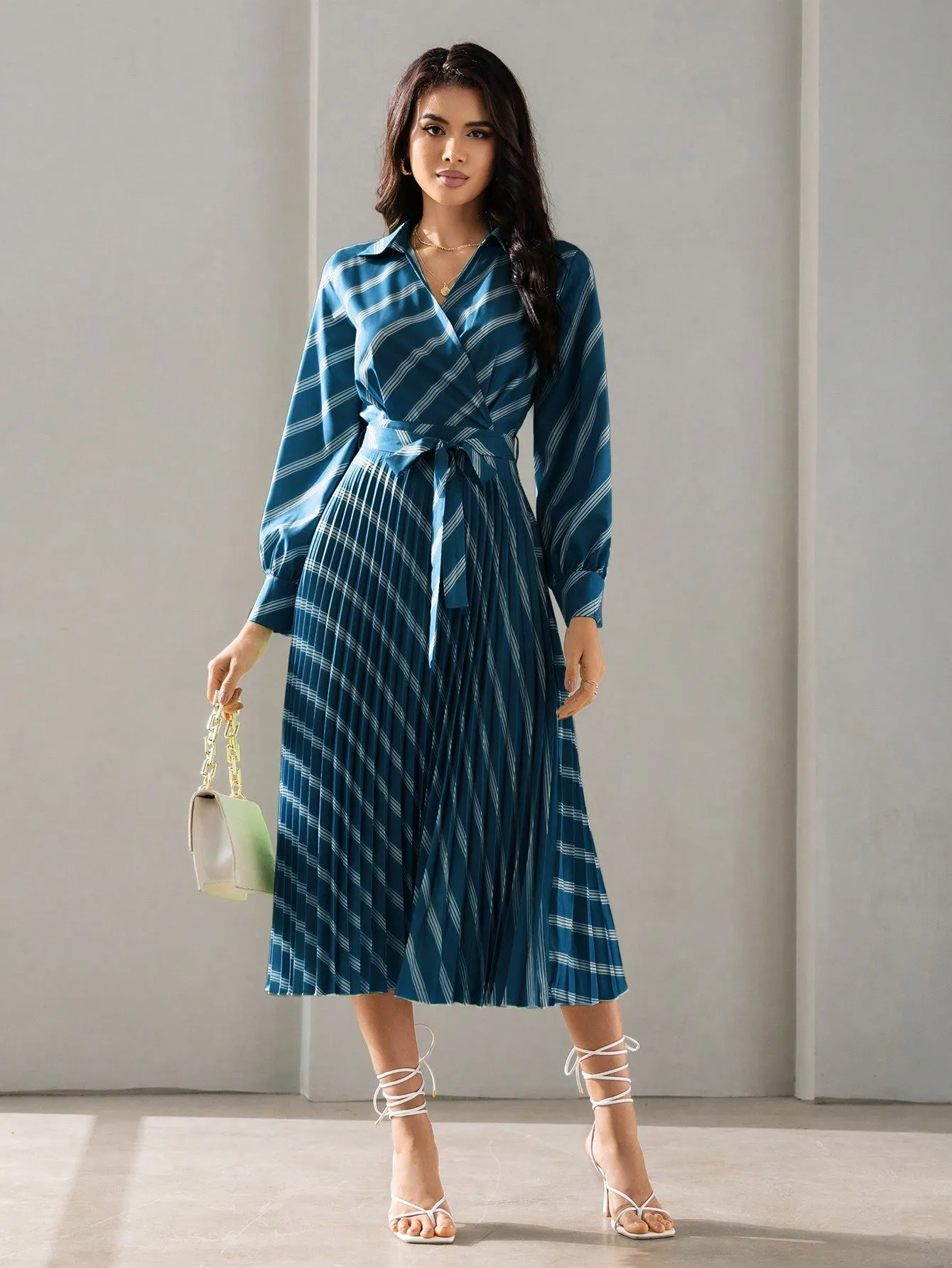 BIZwear Striped Print Belted Shirt Dress