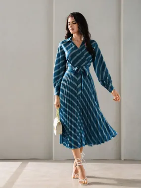 BIZwear Striped Print Belted Shirt Dress