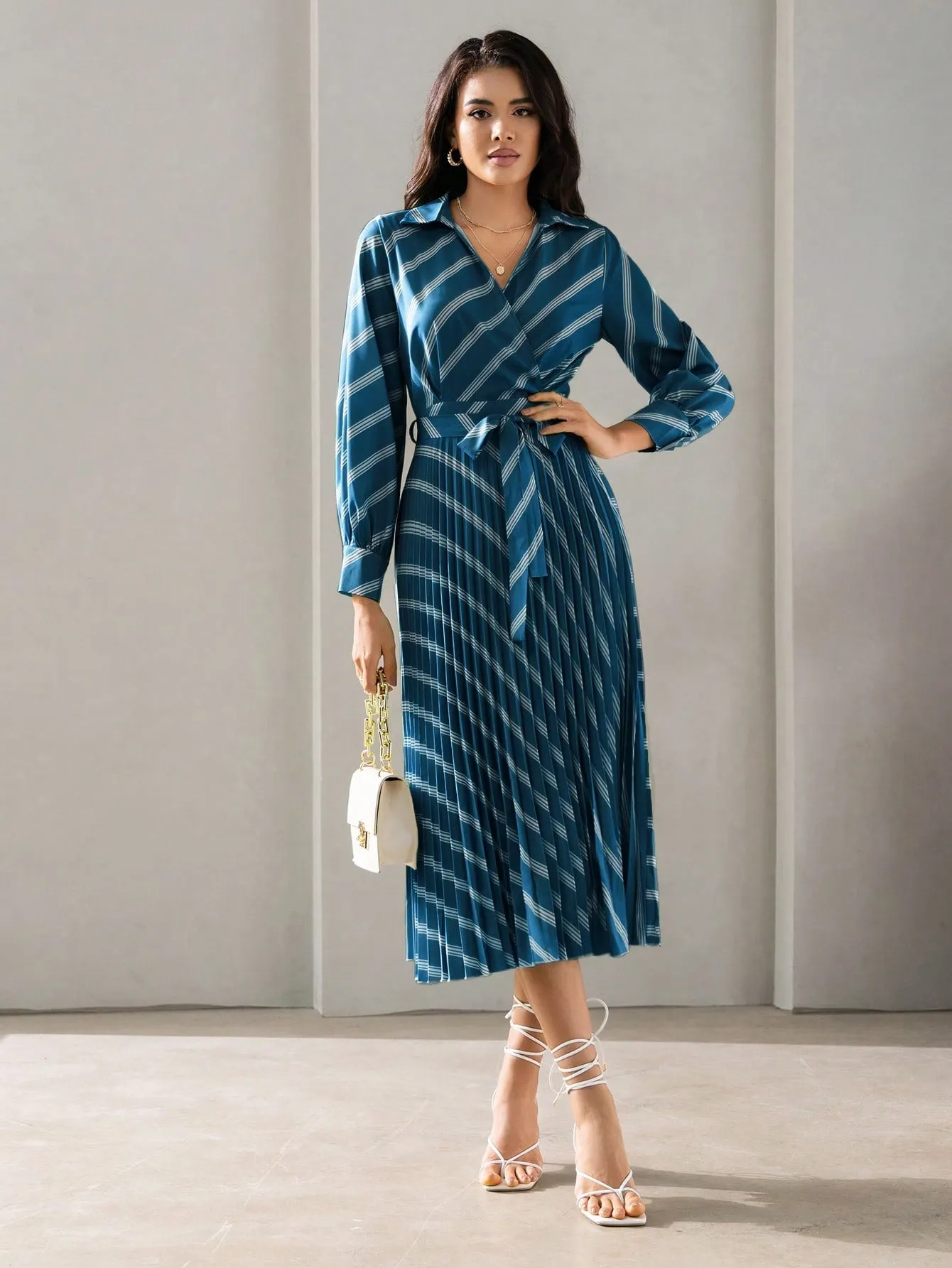 BIZwear Striped Print Belted Shirt Dress