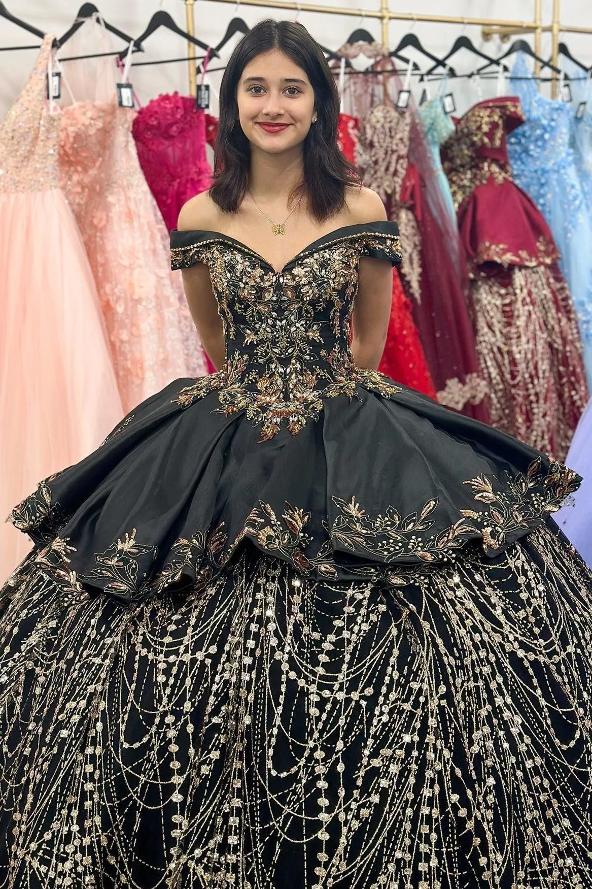 Black Satin Appliques Off-the-Shoulder Quinceanera Dress