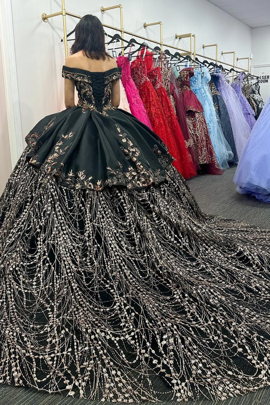 Black Satin Appliques Off-the-Shoulder Quinceanera Dress