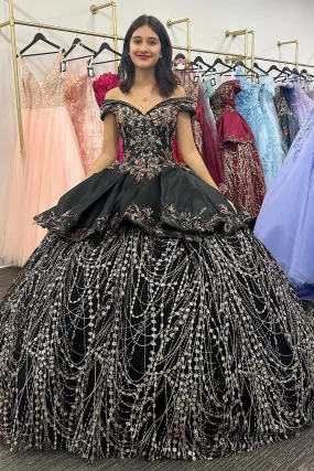 Black Satin Appliques Off-the-Shoulder Quinceanera Dress