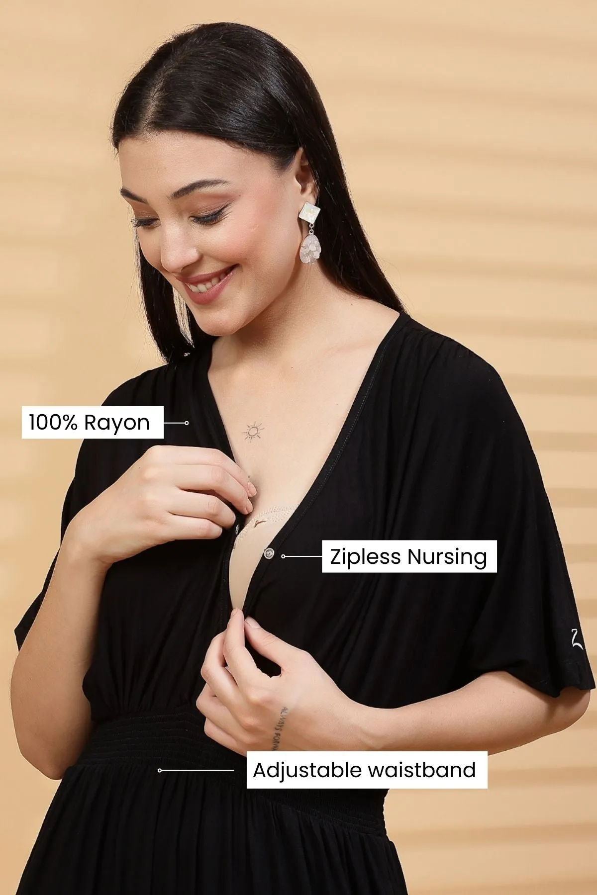 Black Solid Smocked Waist Zipless Feeding Dress