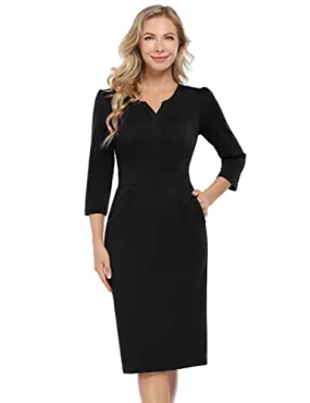 Black V Women's Work Dress V-Neck Business Dress Slim Bodycon Pencil Dress - KOJOOIN