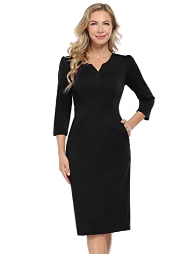 Black V Women's Work Dress V-Neck Business Dress Slim Bodycon Pencil Dress - KOJOOIN