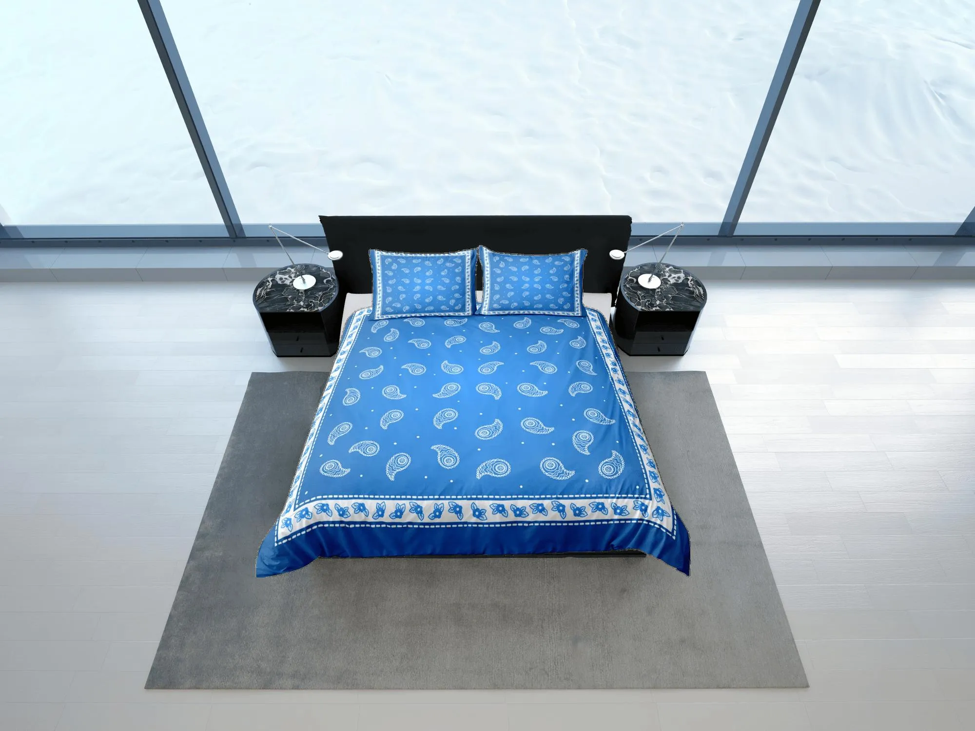 Blue bandana paisley duvet cover set, aesthetic room decor bedding set full, king, queen size, abstract boho bedspread, luxury bed cover