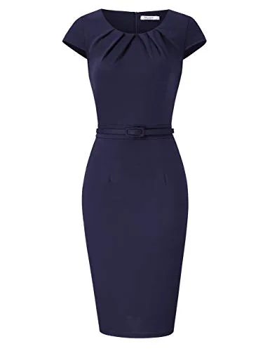 Blue Short Sleeve Women's Work Dress V-Neck Business Dress Slim Bodycon Pencil Dress - KOJOOIN
