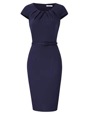 Blue Short Sleeve Women's Work Dress V-Neck Business Dress Slim Bodycon Pencil Dress - KOJOOIN