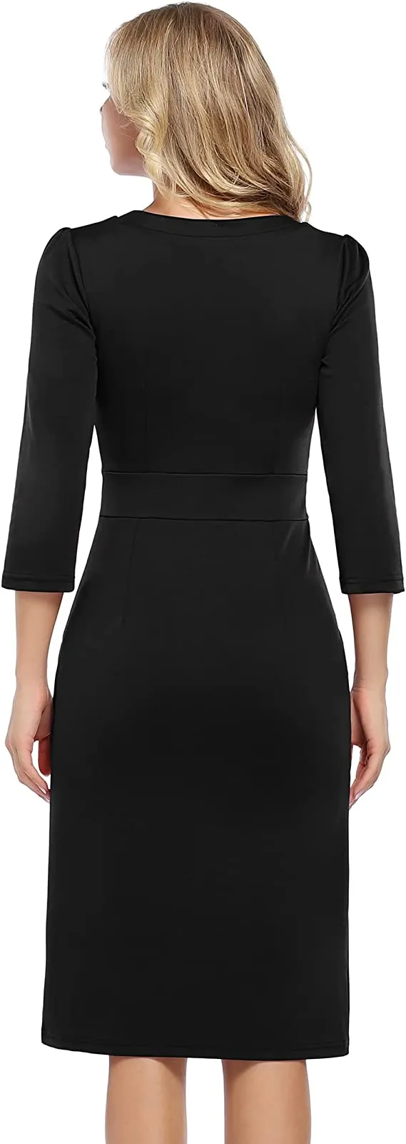 Blue Short Sleeve Women's Work Dress V-Neck Business Dress Slim Bodycon Pencil Dress - KOJOOIN