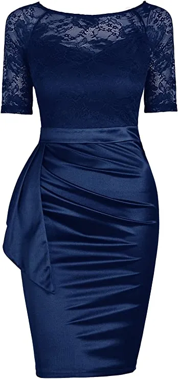 Blue Women's Short Sleeve Colorblock Sheath Pencil Business Church Dress - Mmondschein