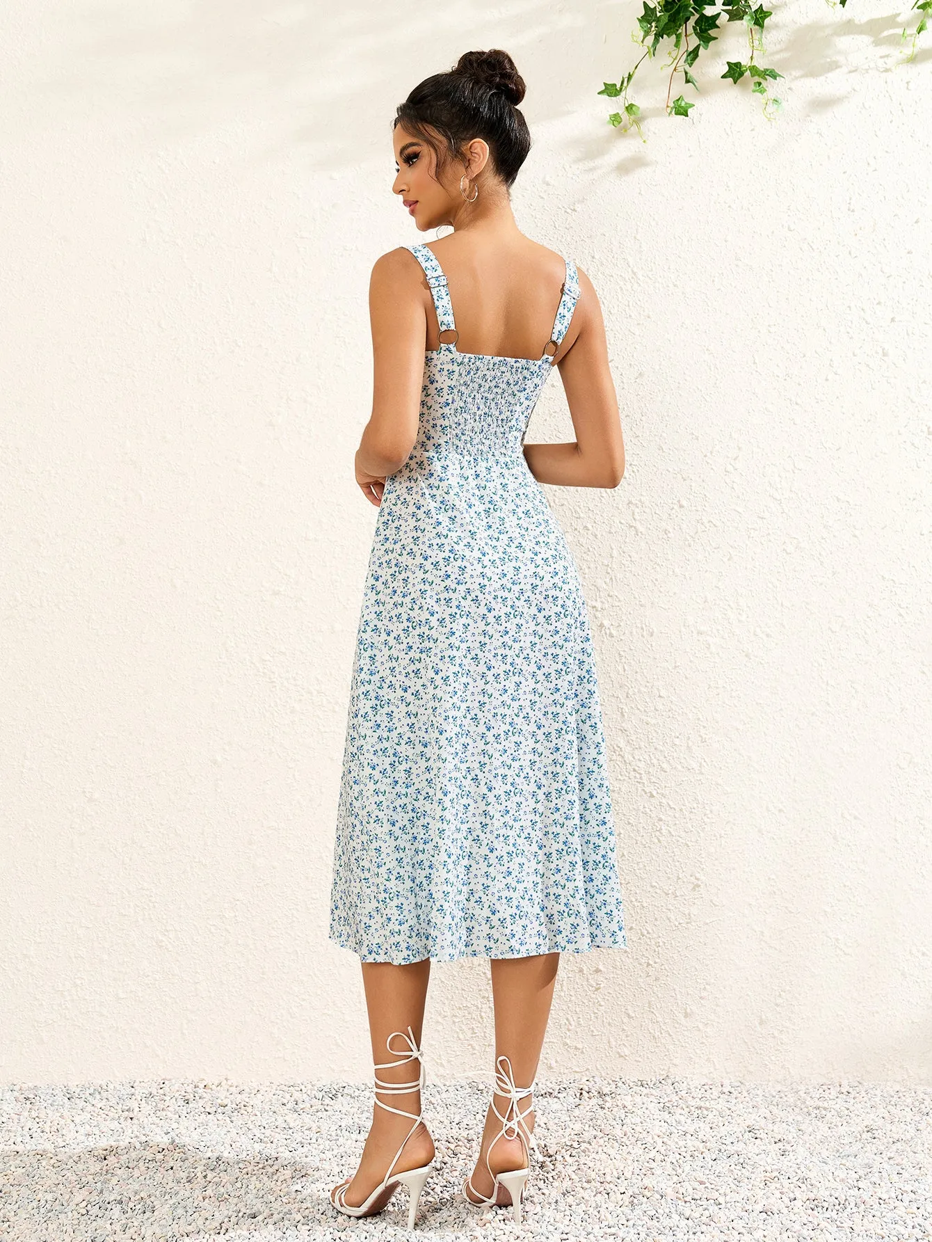 Button Bust Ruched Floral Print Midi Dress