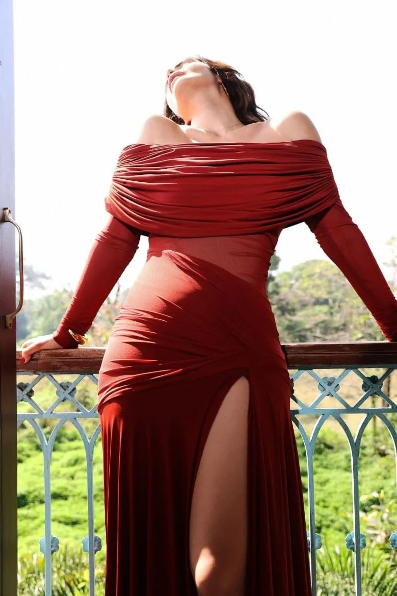 CARLA MAROON DRAPED GOWN