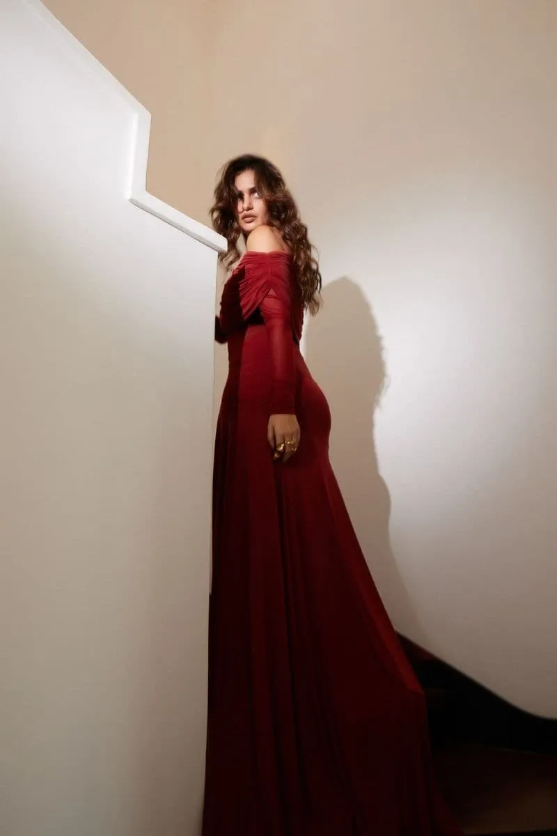 CARLA MAROON DRAPED GOWN