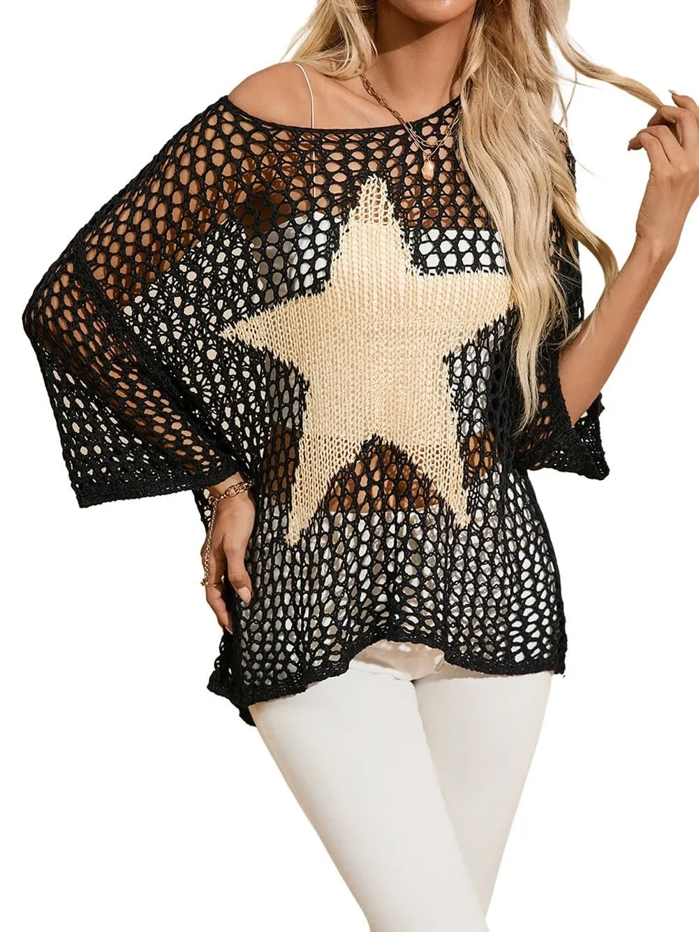 Casual Crochet Knit Top with Star Motif