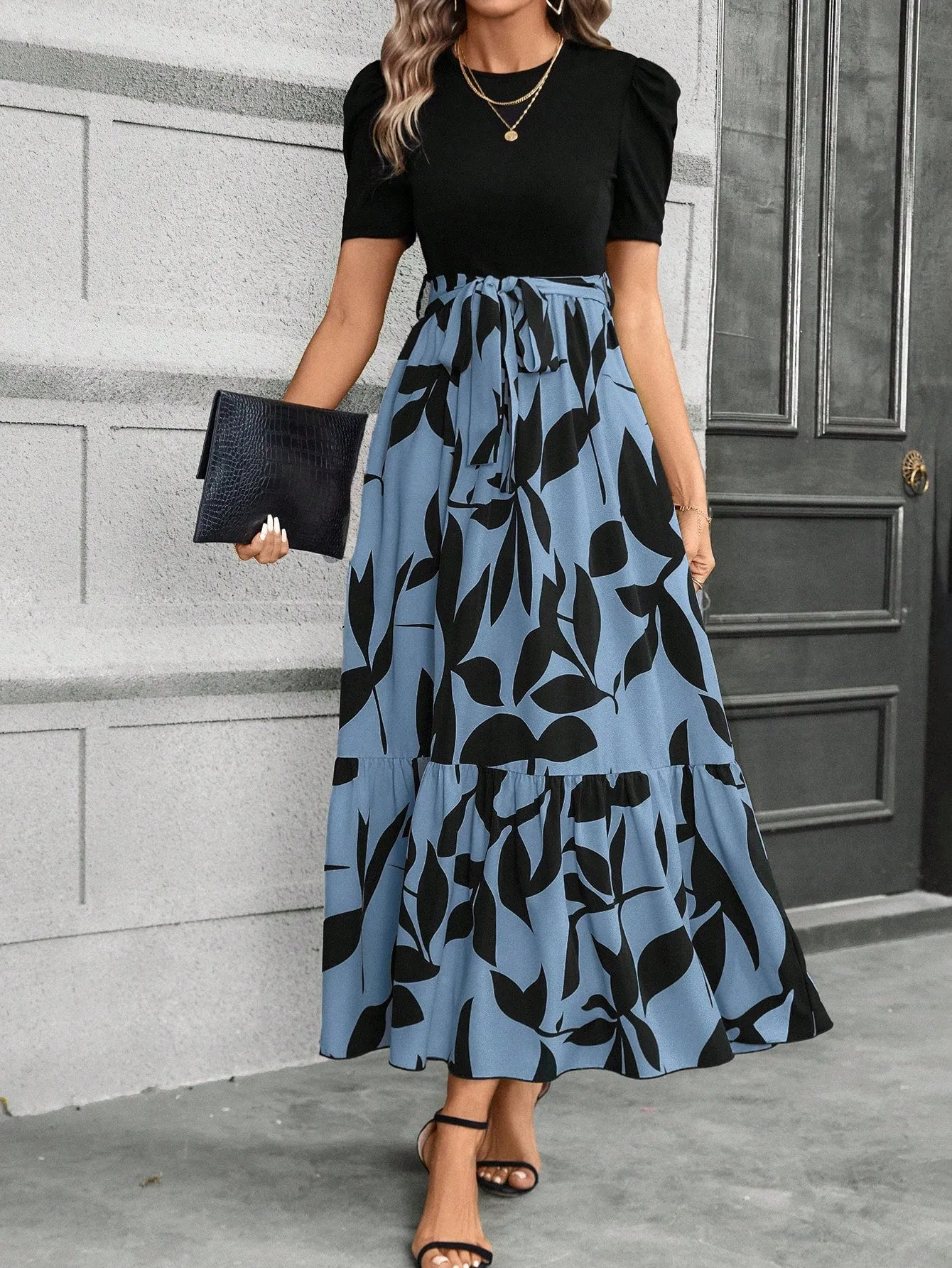 Casual Women's Black Patchwork Dress - Belted, A-Line, Puff Sleeves, High Waist