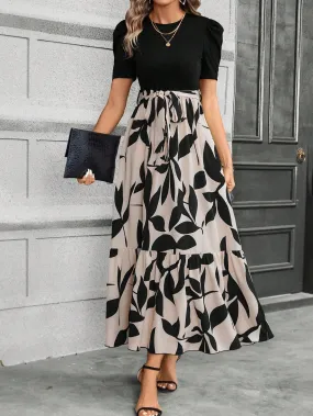 Casual Women's Black Patchwork Dress - Belted, A-Line, Puff Sleeves, High Waist