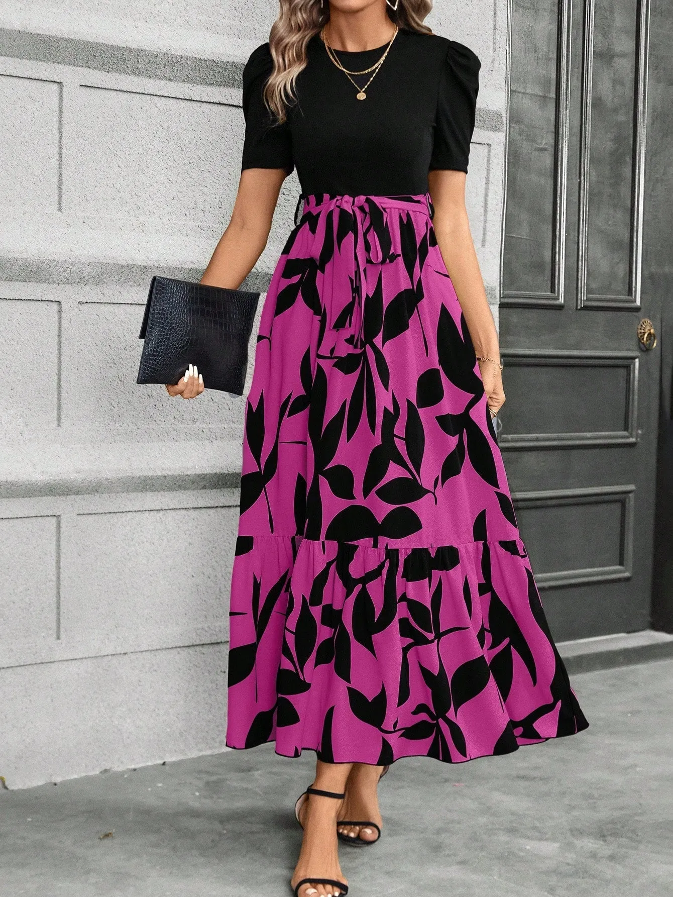 Casual Women's Black Patchwork Dress - Belted, A-Line, Puff Sleeves, High Waist