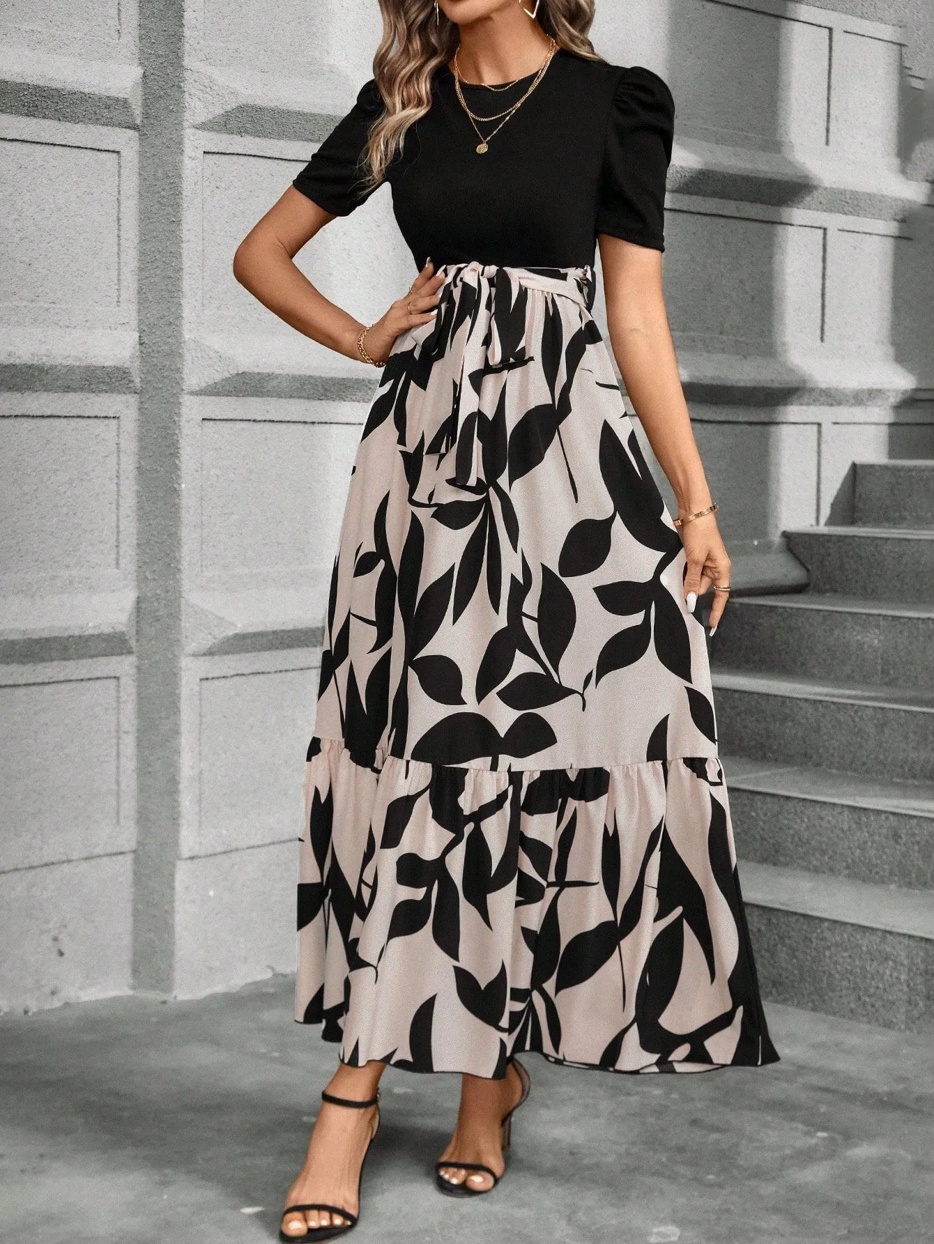 Casual Women's Black Patchwork Dress - Belted, A-Line, Puff Sleeves, High Waist