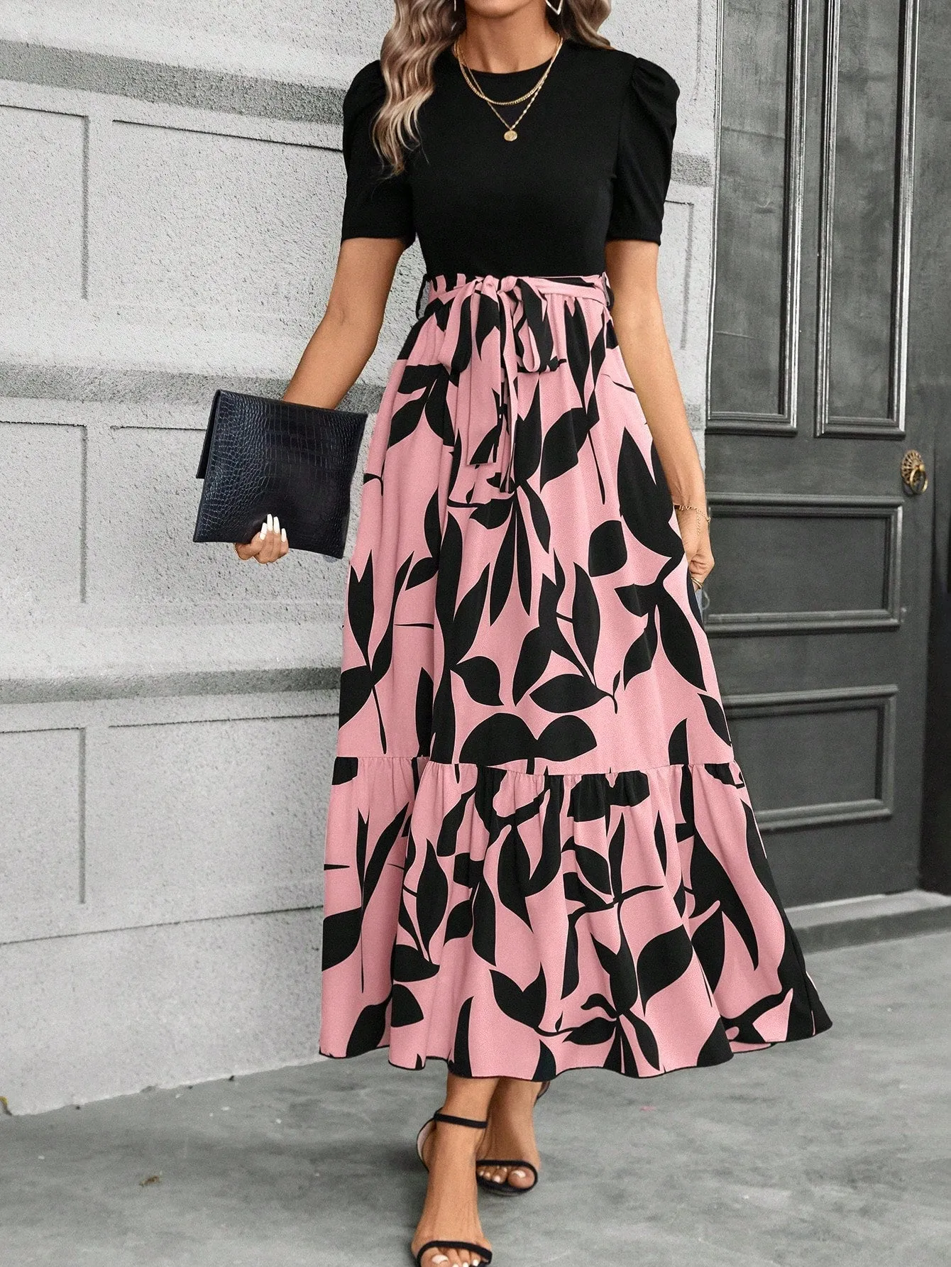 Casual Women's Black Patchwork Dress - Belted, A-Line, Puff Sleeves, High Waist