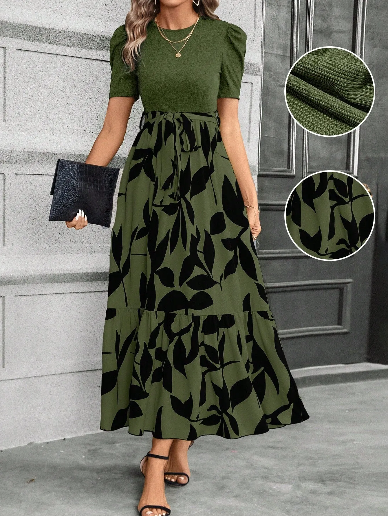 Casual Women's Black Patchwork Dress - Belted, A-Line, Puff Sleeves, High Waist