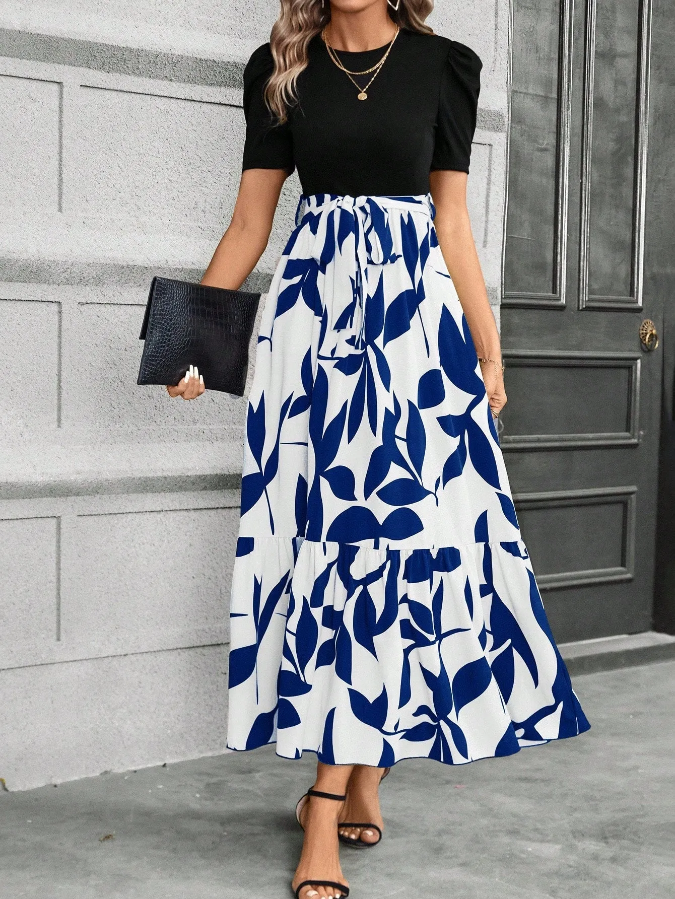 Casual Women's Black Patchwork Dress - Belted, A-Line, Puff Sleeves, High Waist