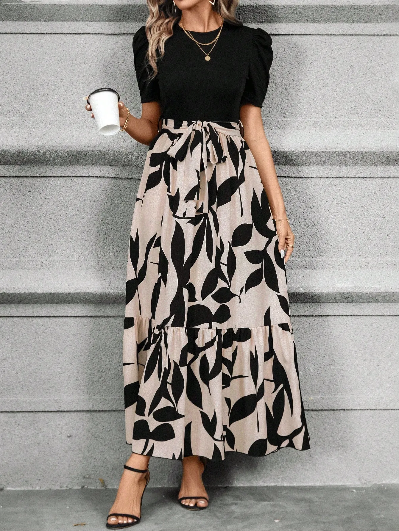 Casual Women's Black Patchwork Dress - Belted, A-Line, Puff Sleeves, High Waist