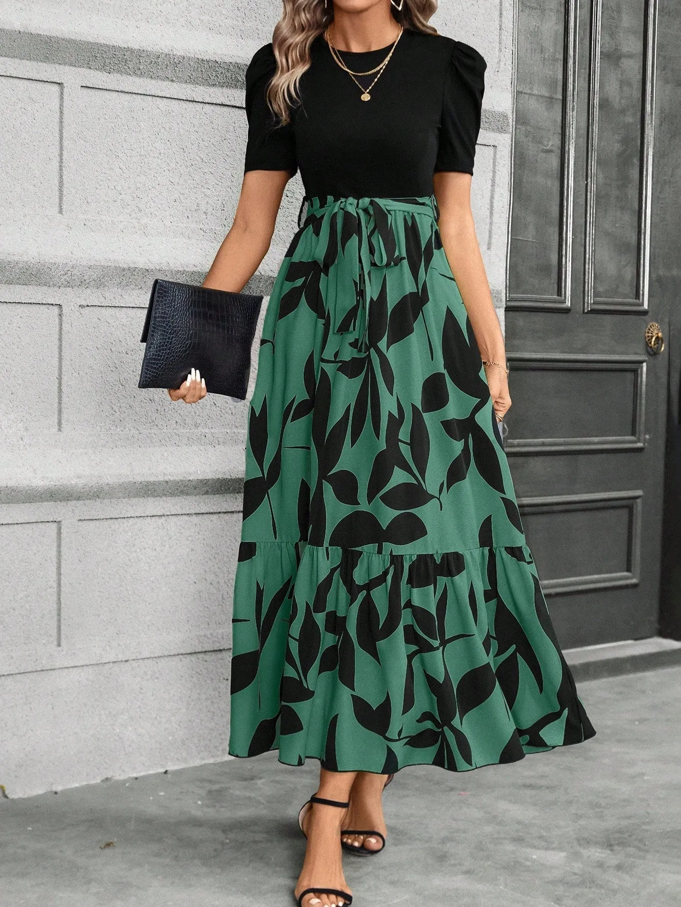 Casual Women's Black Patchwork Dress - Belted, A-Line, Puff Sleeves, High Waist