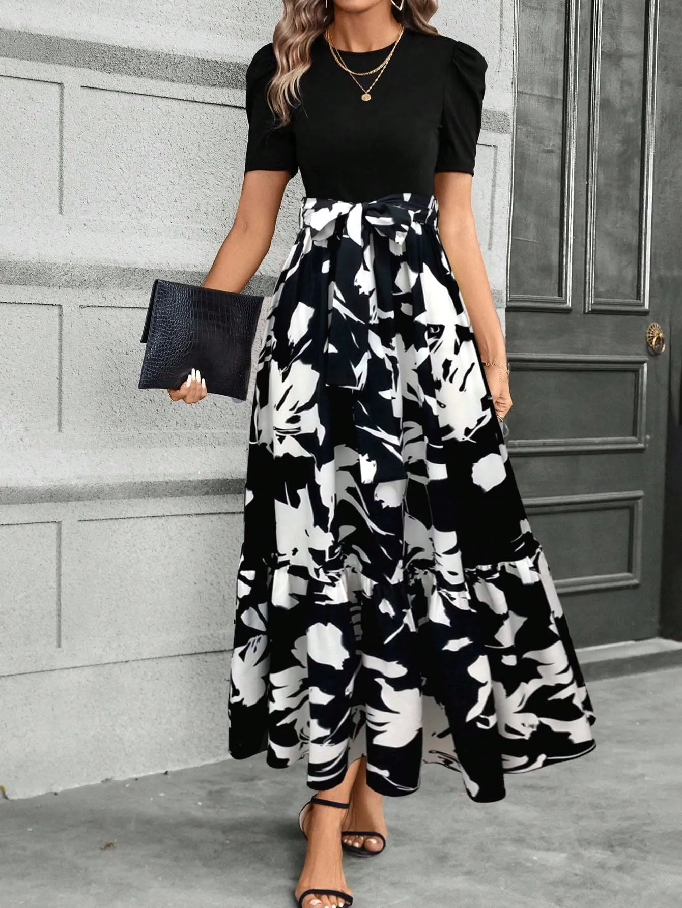 Casual Women's Black Patchwork Dress - Belted, A-Line, Puff Sleeves, High Waist